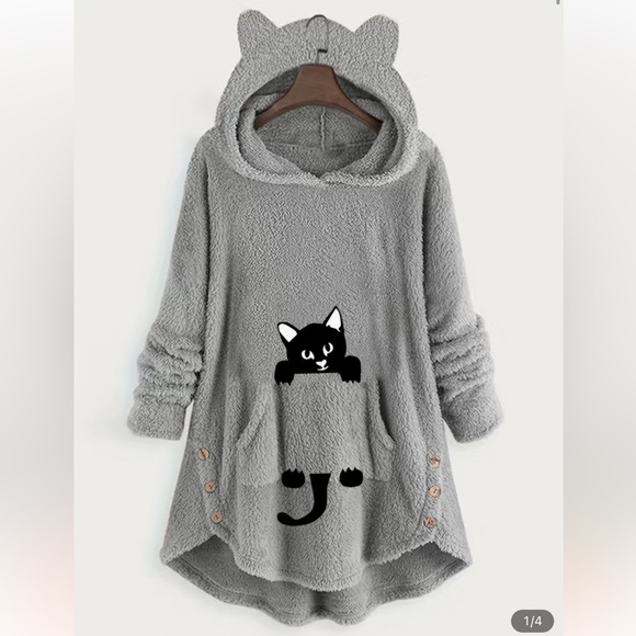Tops - LAST 1‼️ NWT 🐈🐈‍⬛ OVERSIZED GRAY CAT EAR HOODED SWEATSHIRT SWEATER Women’s XL